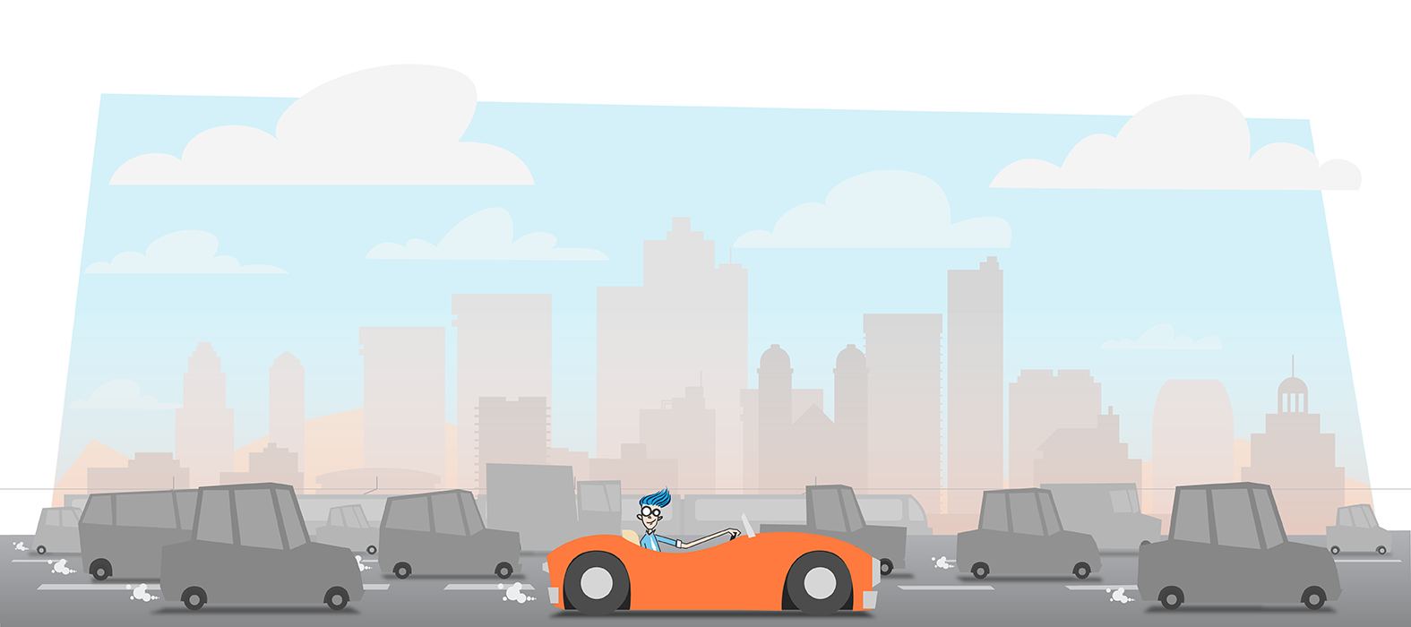 Branding service illustration, grey city background. Diesel character in a hover craft above cars.