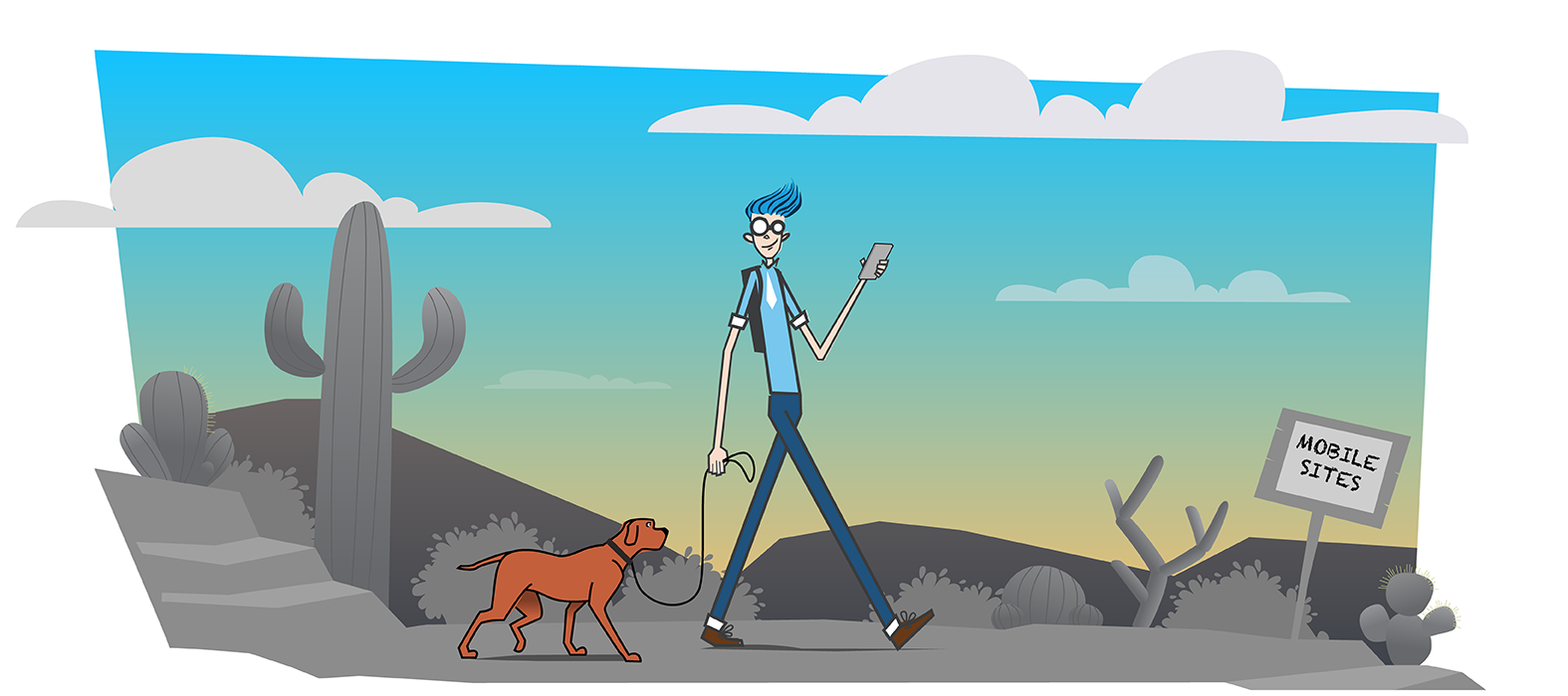 Mobile site development illustration.  Diesel character walking his dog while using a mobile site on his phone.