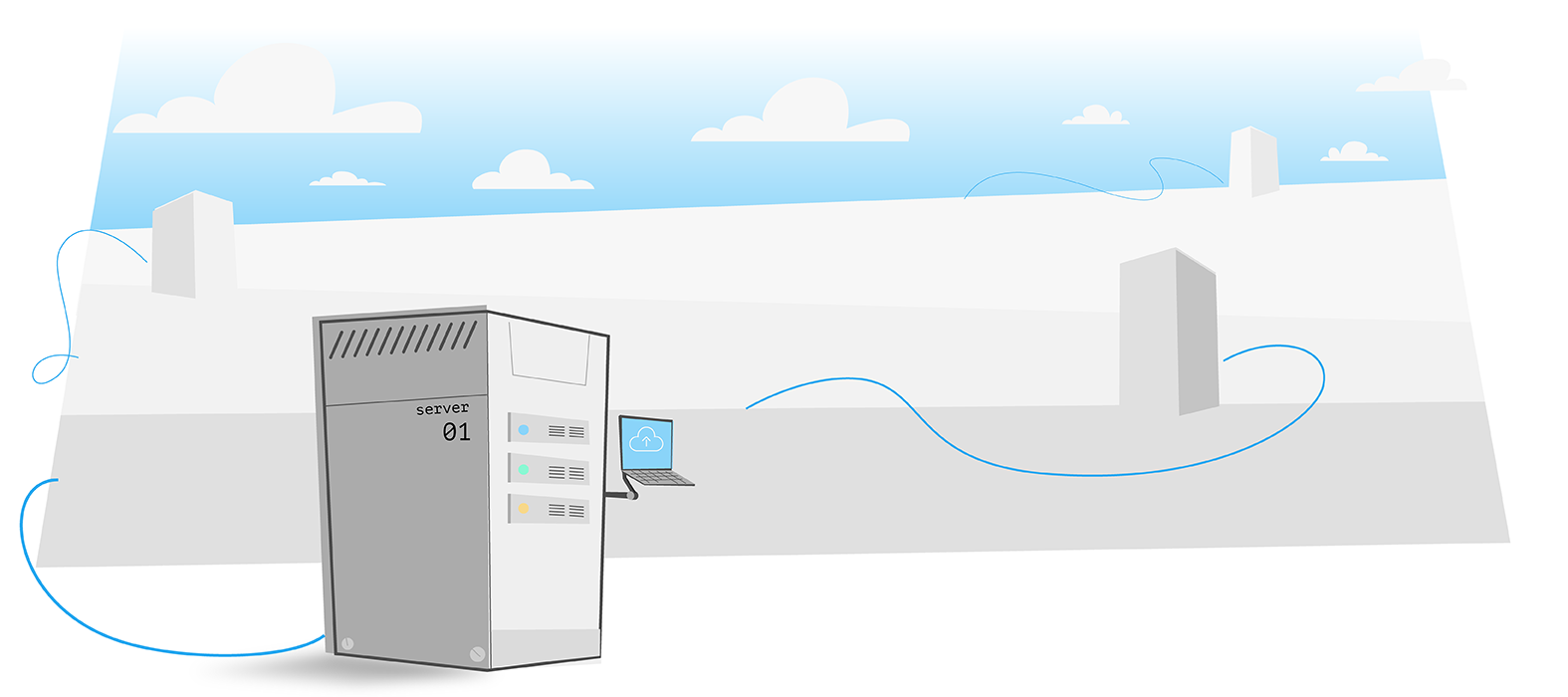 Cloud offsite backup illustration.  Computer machine making a wireless backup to a building on a floating stone in the clouds.